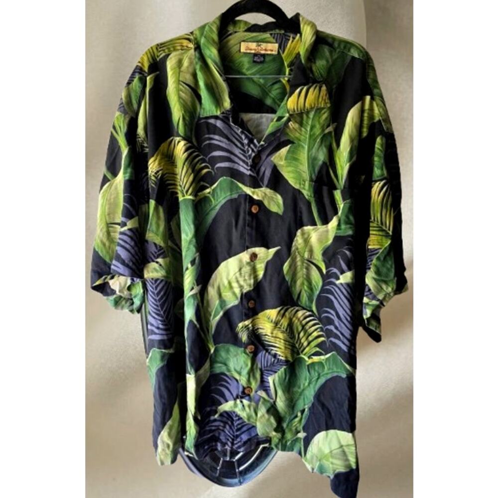 Tommy Bahama Silk Hawaiian Shirt XXL Green Leaf Tropical Camp Button Up